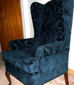 navy velvet wing chair